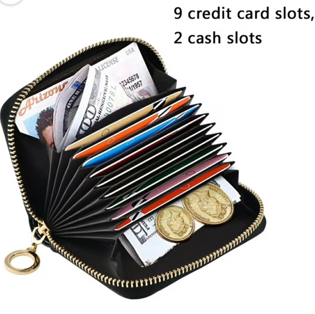 PU Leather Zipper Card Case Wallet Credit Card Holder with 9 Card Slots