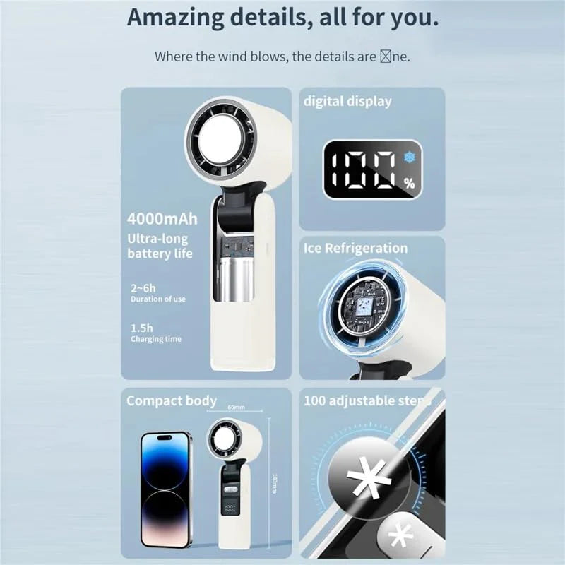 K-801 Mini Portable Hand Fan – 4000mAh Rechargeable, 6-Speed Mode, 180° Foldable Handheld Table & Neck Fan, Long-Lasting Battery for Cooking,Travel, Makeup, Office & Home, Outside Use- (white)