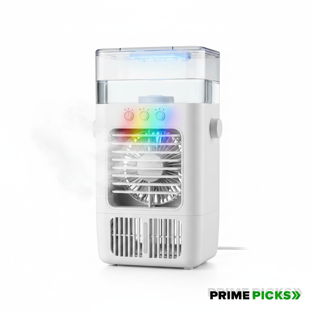 Primepicks Portable Air Cooler Fan with 7-Color Light – Personal AC Fan