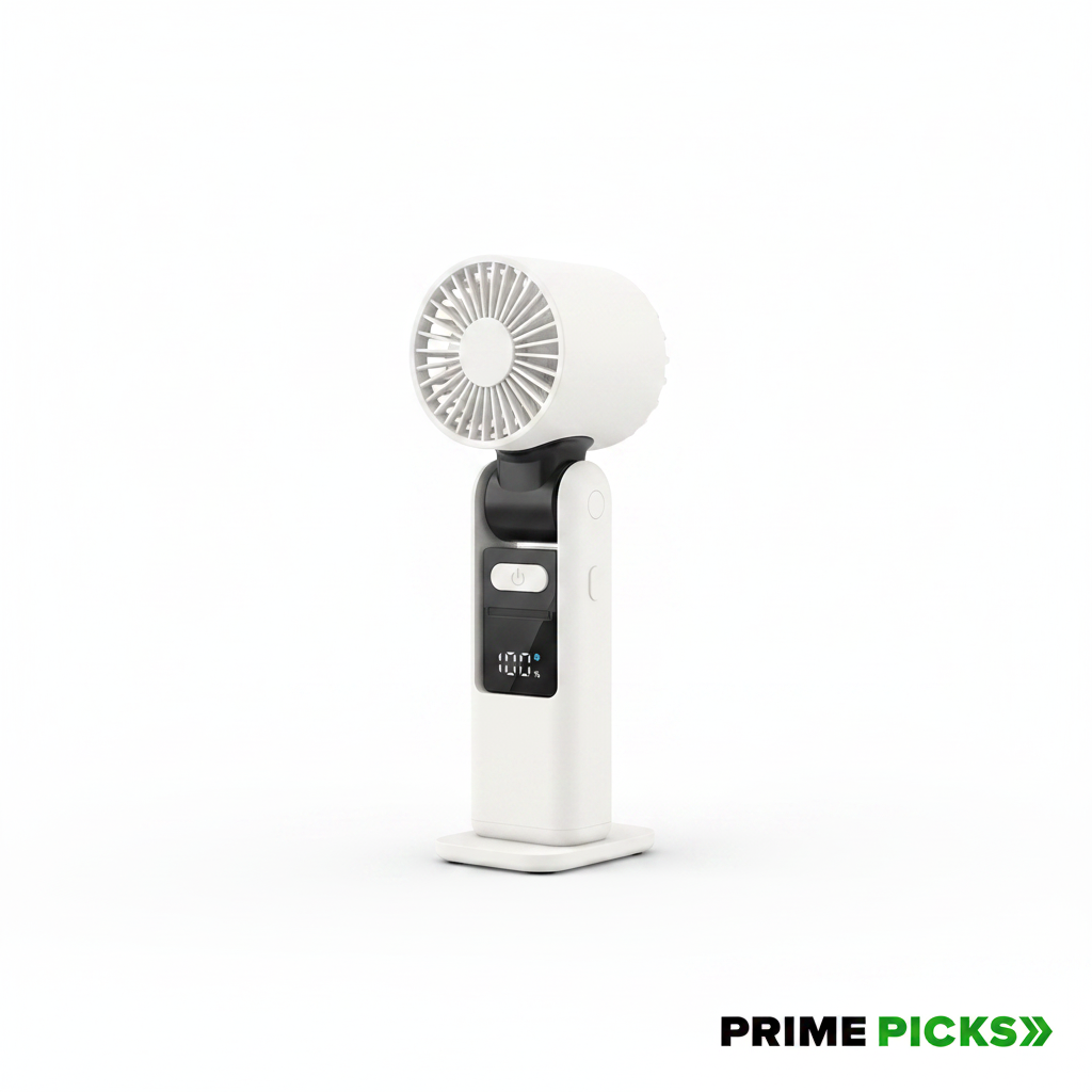 Primepicks K-801 Mini Portable Hand Fan – 4000mAh Rechargeable, 6-Speed Mode, 180° Foldable Handheld Table & Neck Fan, Long-Lasting Battery for Cooking,Travel, Makeup, Office & Home, Outside Use- (white)