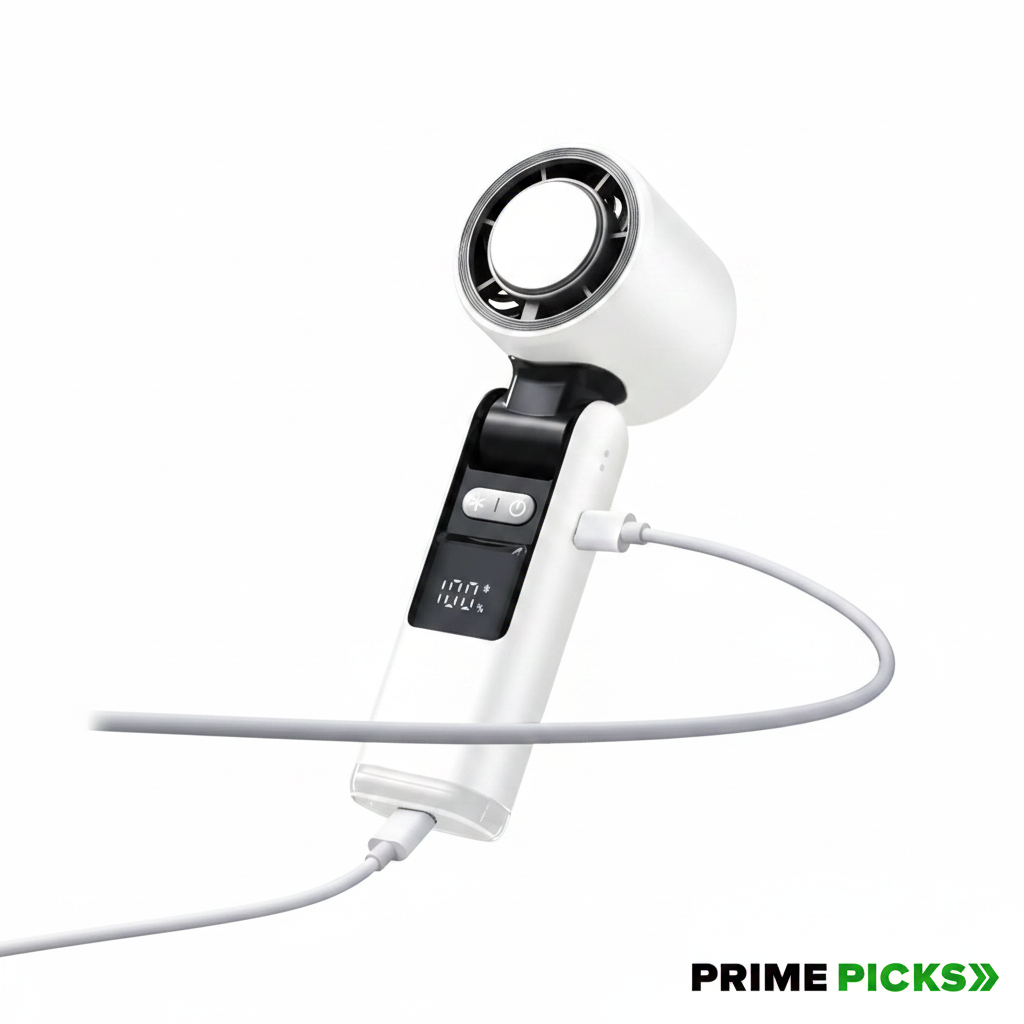 Primepicks K-801 Mini Portable Hand Fan – 4000mAh Rechargeable, 6-Speed Mode, 180° Foldable Handheld Table & Neck Fan, Long-Lasting Battery for Cooking,Travel, Makeup, Office & Home, Outside Use- (white)