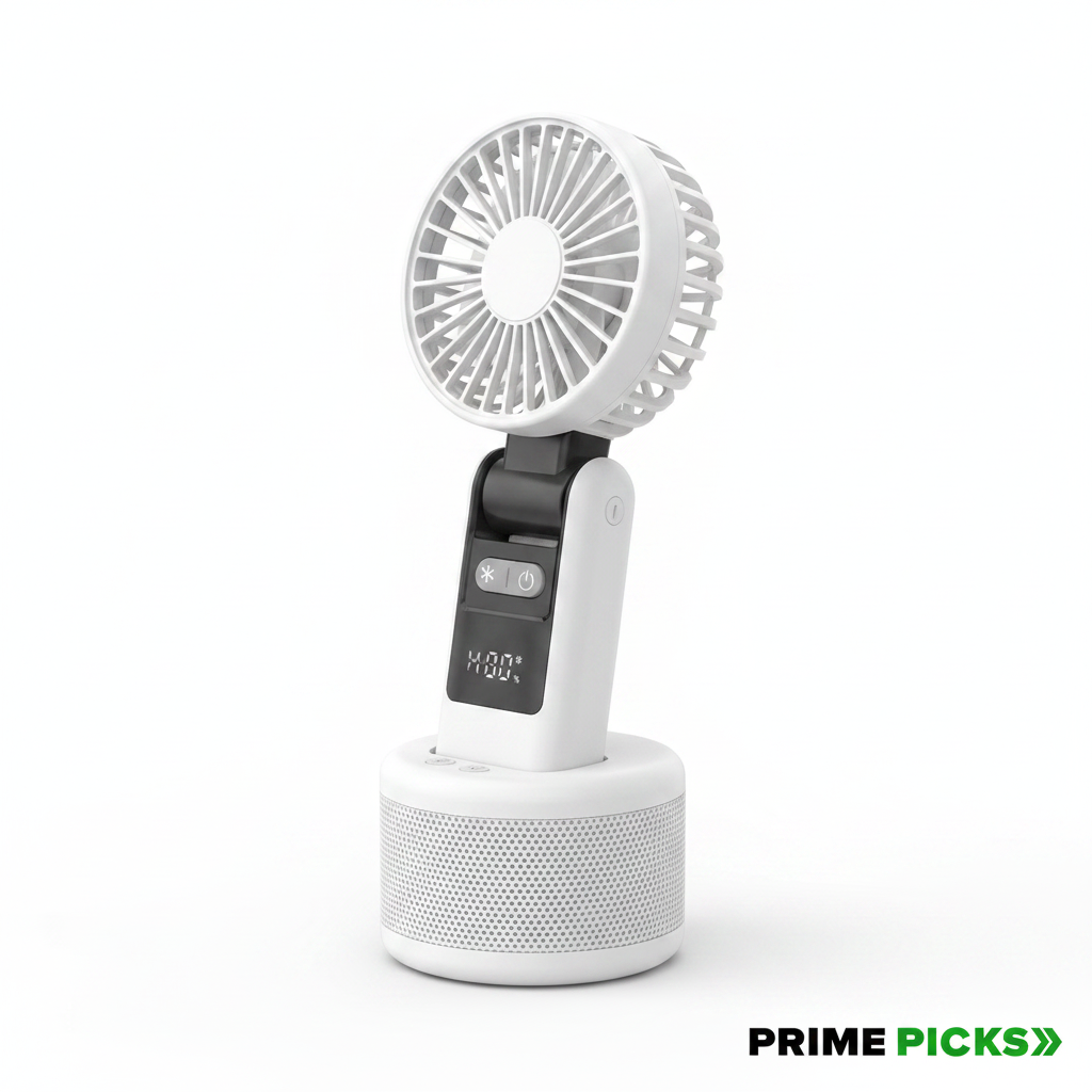 Primepicks K-801 Mini Portable Hand Fan – 4000mAh Rechargeable, 6-Speed Mode, 180° Foldable Handheld Table & Neck Fan, Long-Lasting Battery for Cooking,Travel, Makeup, Office & Home, Outside Use- (white)