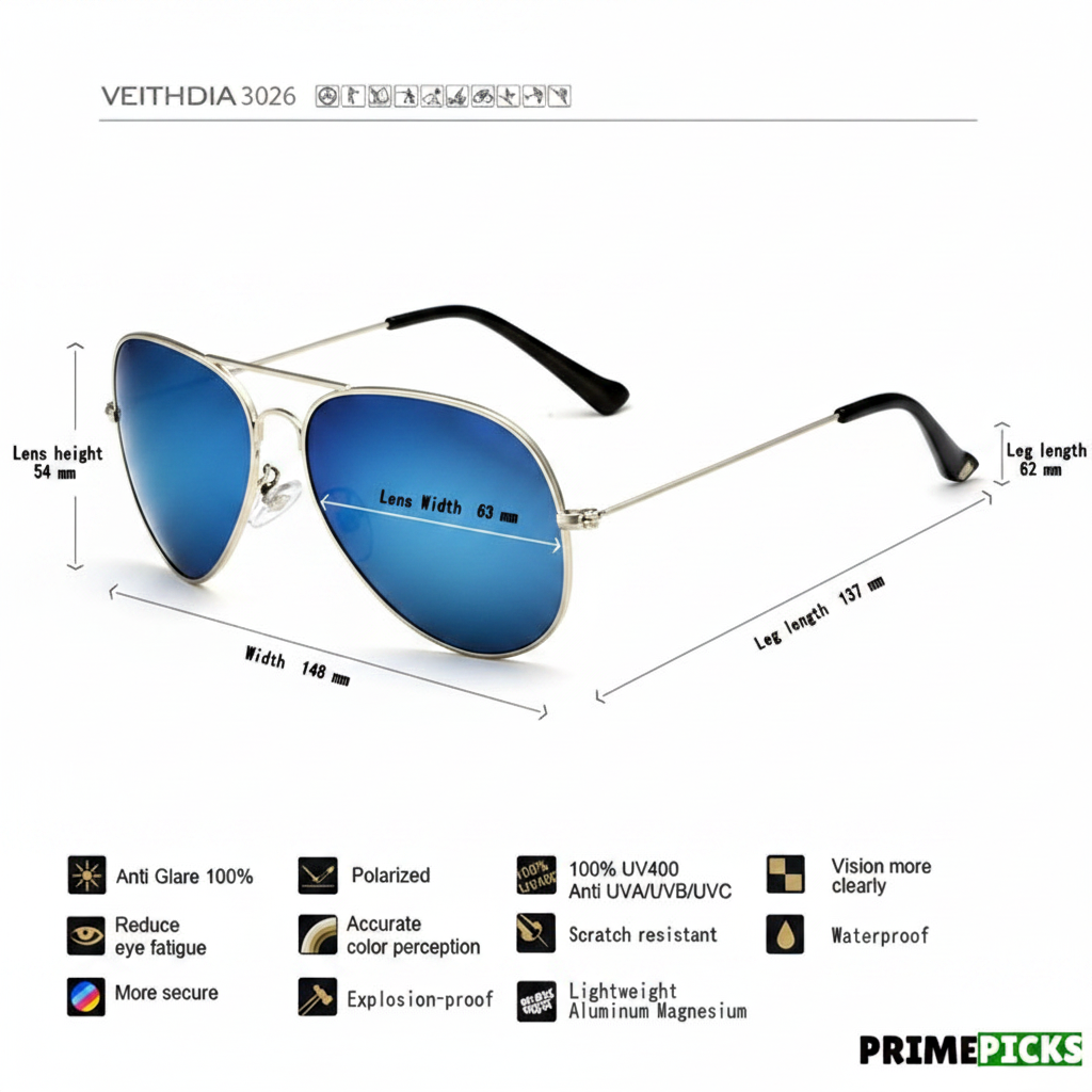 VEITHDIA 3026 Men's Aviator Polarized Sunglasses – Size Chart