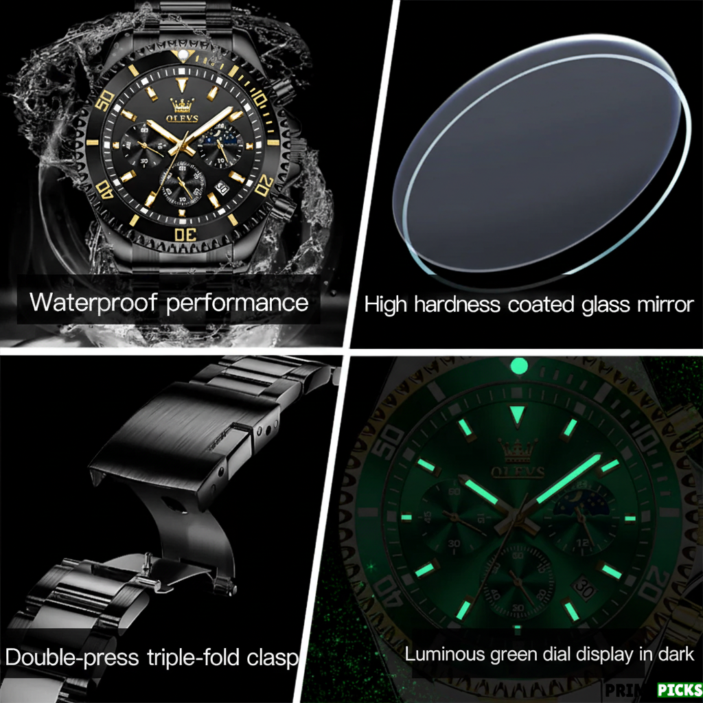 OLEVS 2870 Men's Luxury Chronograph Watch – Features: Waterproof, Glass, Clasp, Luminous