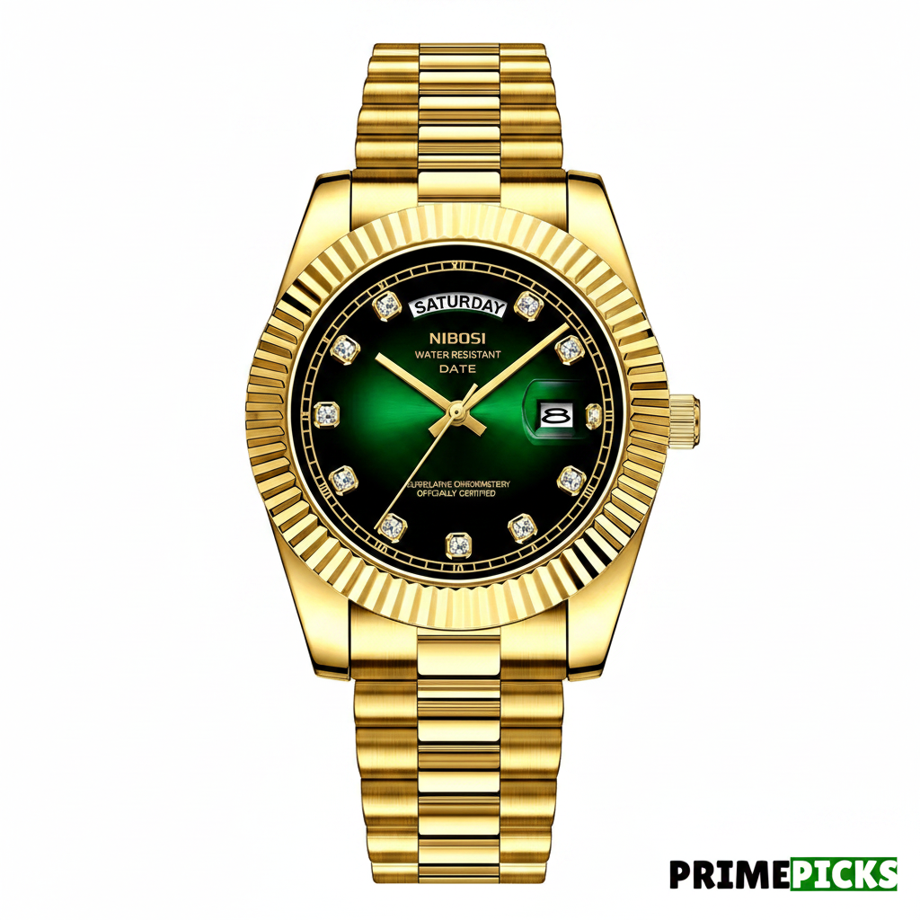 NIBOSI 2627 Men's Diamond Scale Luxury Watch – Front View Gold Green